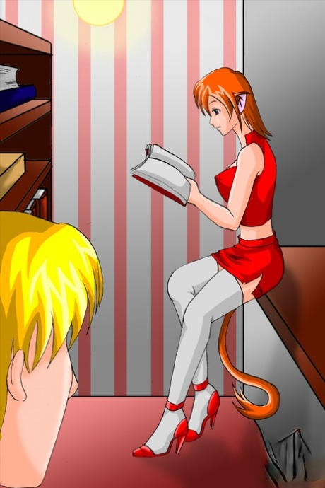 Foxy anime shemale fucks a cute blonde dude's ass and mouth on the desk