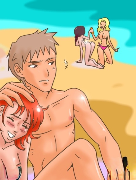 Horny animated transsexuals with big juggs fucking hot dude on the beach