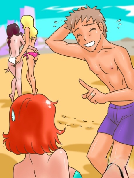 Horny animated transsexuals with big juggs fucking hot dude on the beach