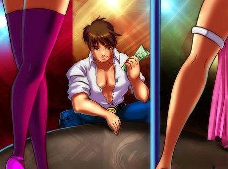 Animated tranny strippers with big breasts fuck a horny guy backstage