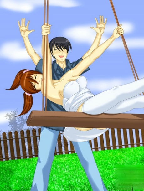 Redheaded anime shemale and a cute boy enjoying rough anal sex in the garden