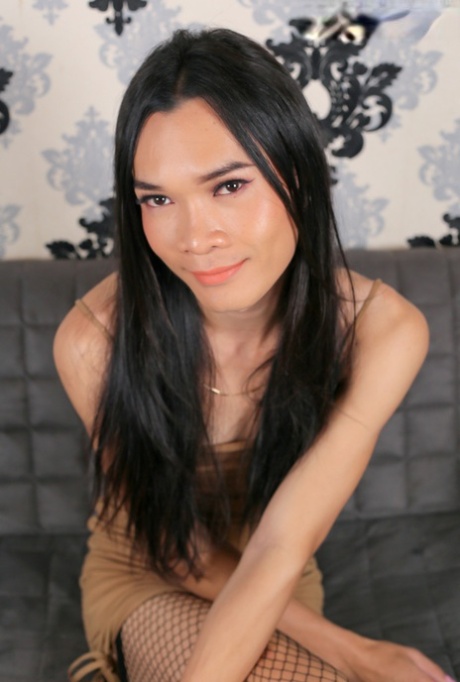 Slender Asian shemale Gina shows her figure and touches her big dick