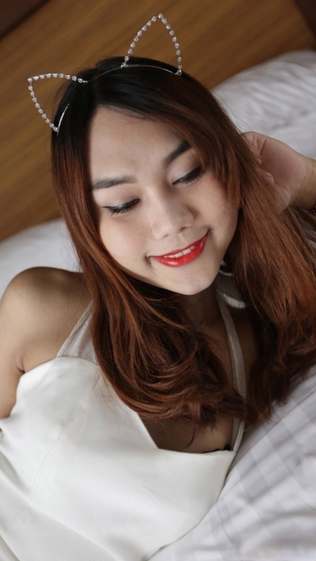 Hot Asian shemale with red lipstick gives a sloppy BJ & enjoys an anal fuck