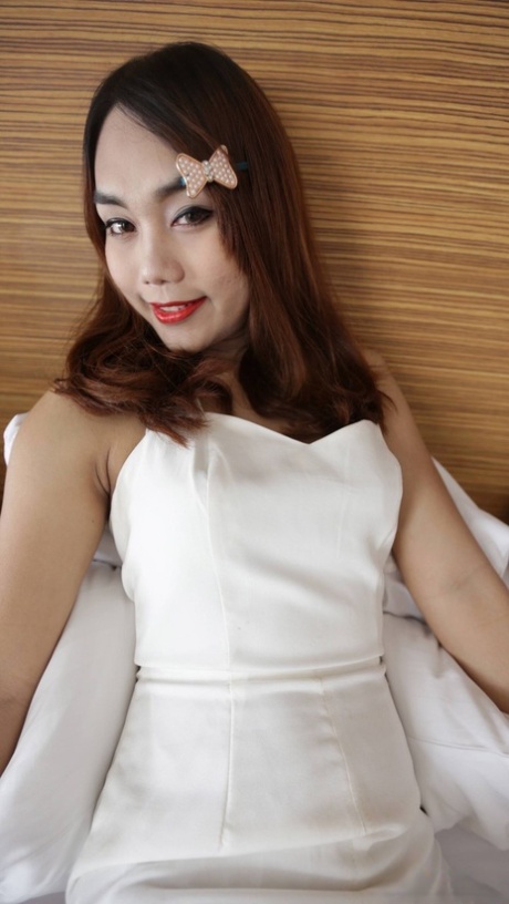 Hot Asian shemale with red lipstick gives a sloppy BJ & enjoys an anal fuck