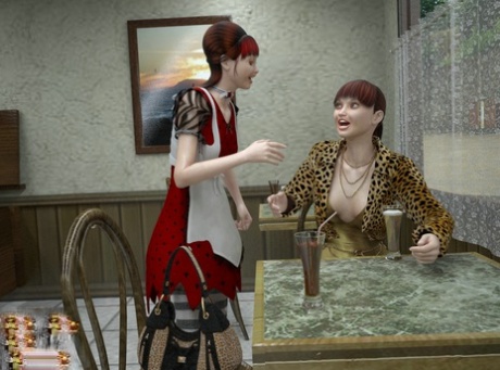 Transsexual waitress & a shemale customer fuck a criminal in an anime 3some