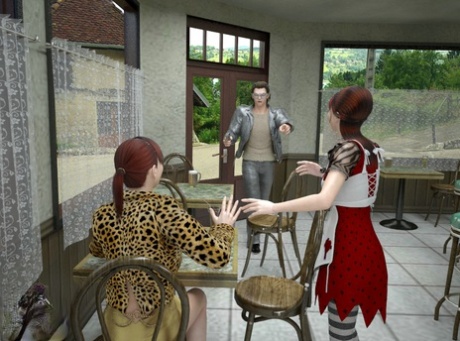 Transsexual waitress & a shemale customer fuck a criminal in an anime 3some