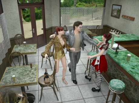 Transsexual waitress & a shemale customer fuck a criminal in an anime 3some