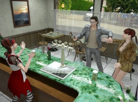 Transsexual waitress & a shemale customer fuck a criminal in an anime 3some