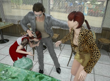 Transsexual waitress & a shemale customer fuck a criminal in an anime 3some